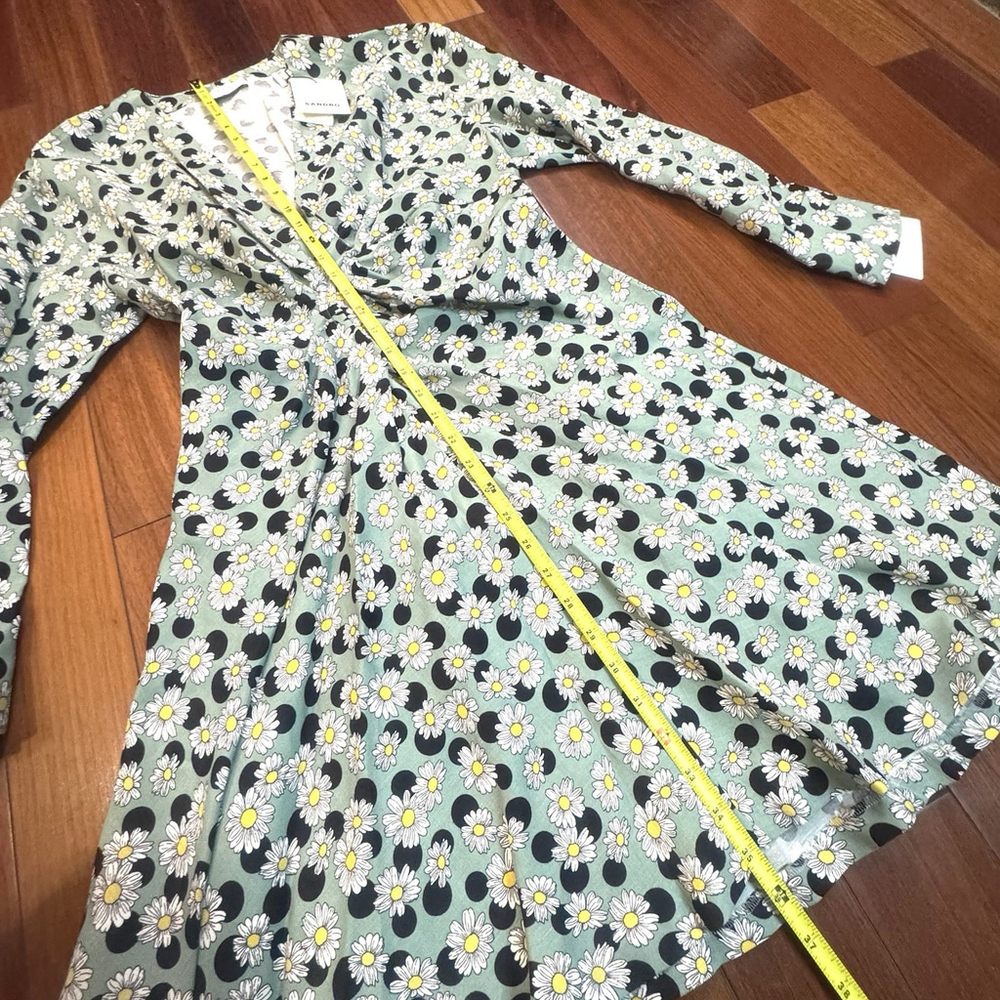 NWT Sandro Ruched Printed Linen-Blend Dress Size:40(US 8) Floral Polka Dot Green - Picture 8 of 11